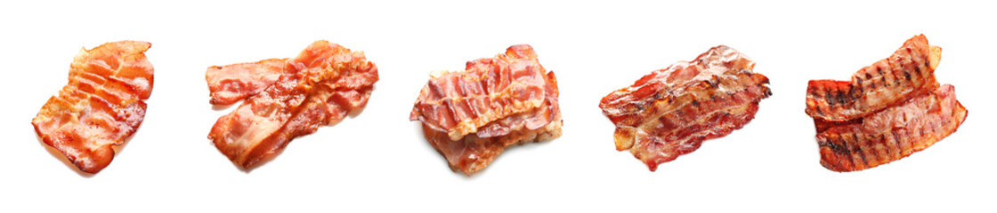 Set with tasty fried bacon slices on white background. Banner design