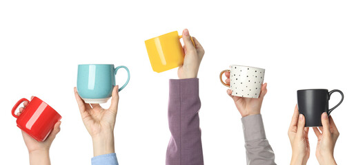 Collage with photos of people holding different cups on white background, closeup. Banner design