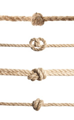 Set of hemp ropes with knots on white background