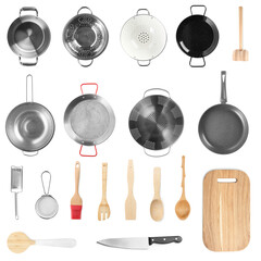 Set with different cooking utensils on white background