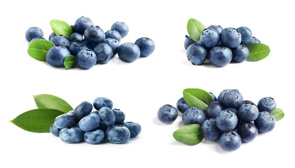 Set of fresh blueberries with leaves on white background