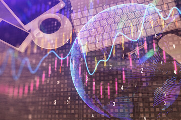 Double exposure of forex chart hologram over desktop with phone. Top view. Mobile trade platform concept.