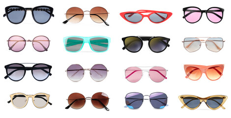 Collage with different stylish sunglasses on white background. Banner design