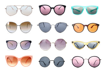 Collage with different stylish sunglasses on white background