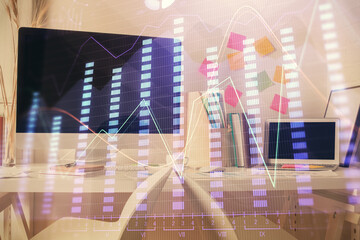 Double exposure of financial graph drawing and office interior background. Concept of stock market.