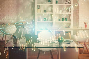 Double exposure of financial graph drawing and office interior background. Concept of stock market.