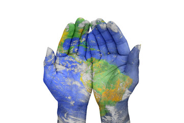 Map of blue planet Earth paint  in hands on white background. Elements of this image furnished by...