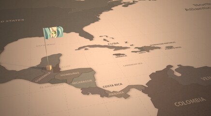 Flag on the map of guatemala.
Vintage Map and Flag of Central America, Caribbean Countries Series 3D Rendering