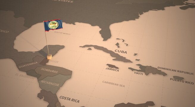 Flag on the map of belize.
Vintage Map and Flag of Central America, Caribbean Countries Series 3D Rendering