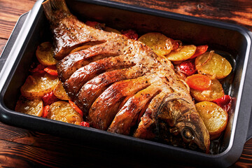 Delicious fried fish (carp) lies on a tray with pieces of potatoes, onions and herbs.