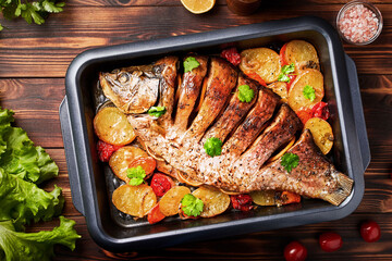 Delicious fried fish (carp) lies on a tray with pieces of potatoes, onions and herbs.