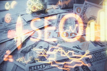 Double exposure of seo drawing over us dollars bill background. Concept of search optimization.