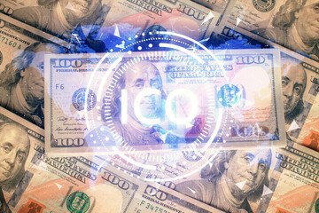 Multi exposure of crypto theme drawing over us dollars bill background. Concept of blockchain success.
