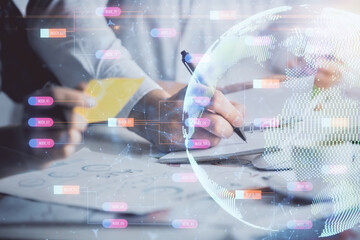 Double exposure of map drawing over people taking notes background. Concept of international connection