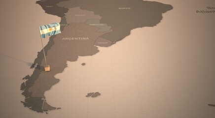 Flag on the map of argentina.
Vintage Map and Flag of South America, Latin American Countries Series 3D Rendering

