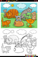 cartoon funny cats group coloring book page