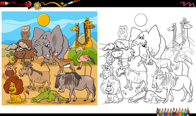 funny animal characters group coloring book page