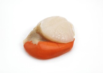 FRESH SCALLOP pecten maximus AGAINST WHITE BACKGROUND © slowmotiongli