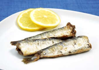 PLATE WITH GRILLED SARDINES AND YELLOW LEMON