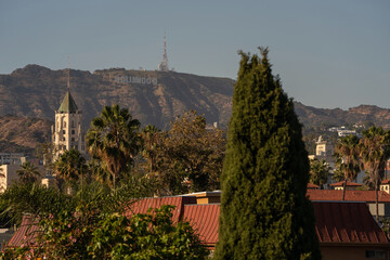 An evening view of West Hollywood with Hollywood Sign in the background