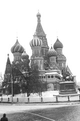 St. Basil's Cathedral on Red Square in Moscow one winter morning, with snow, in black and white, monochrome, Moscow, Russia