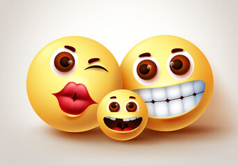 Smiley emoji happy family characters vector design. Emoji smiley of parent and kid happy bonding at home with loving and sweet gesture in white background. Vector illustration.
