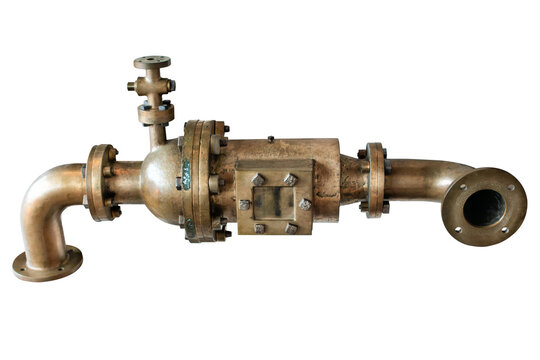 Copper brass pipeline with valves and pistons in steampunk style on white background, isolated.