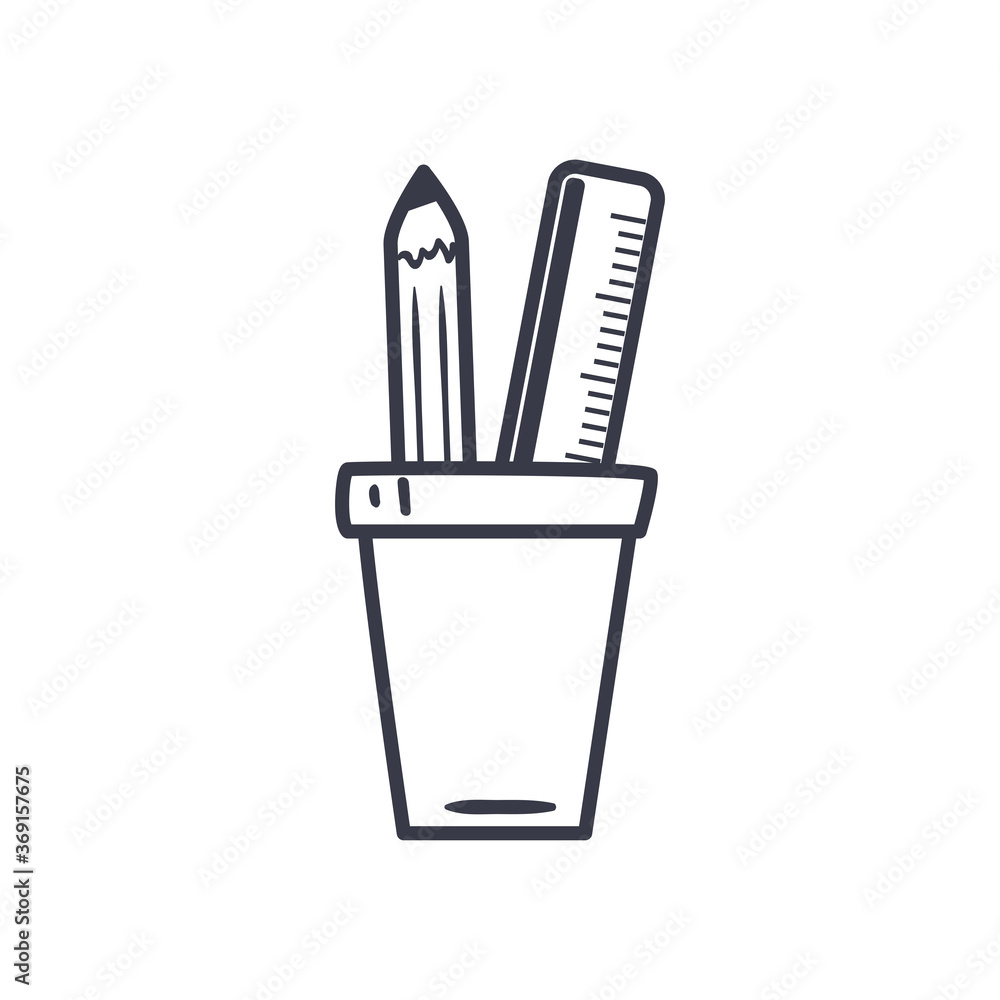 Poster pencil and ruler inside mug line style icon vector design