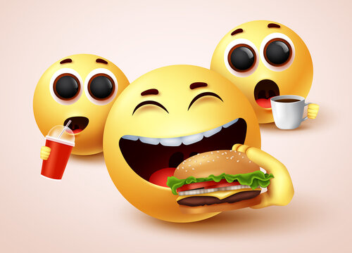 Smiley emoji eating fastfood burger vector character design. Smiley emoticon with happy facial expressions while eating yummy snacks like hamburger and drinking juice and coffee. Vector illustration 
