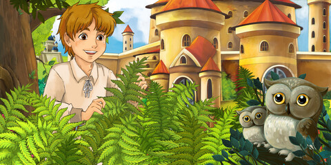 Cartoon scene with owls with beautiful castle near forest with young boy illustration