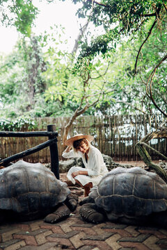Woman feeding 100 years old giant turtles