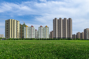   Clear sky, urban buildings, roads by dense woods
