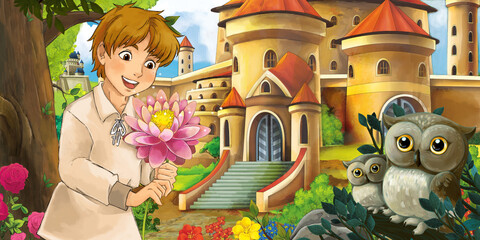 Cartoon scene with owls with beautiful castle near forest with young boy illustration