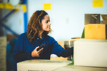 Worker with scanner making review of goods in warehouse storage, logistic industry concept