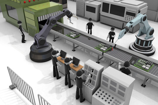Person working in a factory. Operate the machine. Manufacturing industry that makes things. 3D illustration