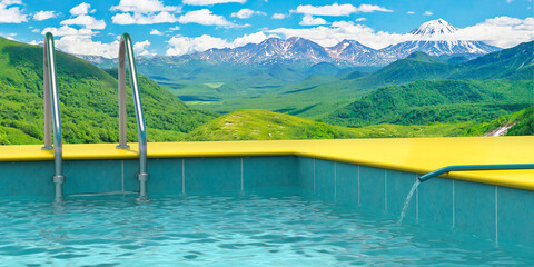 Yellow bright pool with blue water and mountain views
