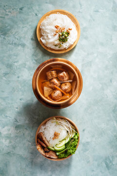 Bun cha, grilled pork rice noodles and herbs, vietnamese cuisine