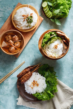 bun cha, grilled pork rice noodles and herbs, vietnamese cuisine