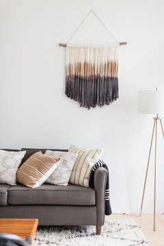 Macrame Hanging in Bright Mid Century Living Room