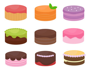 Various sweet cakes vector set. Cartoon set of birthday cake illustration.