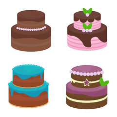 Various sweet cakes vector set. Cartoon set of birthday cake illustration.