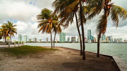 Beautiful Miami skyline along Biscayne Bay with rain clouds