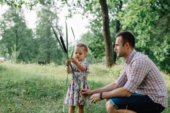 Little girl playing with plant with her father outdoors