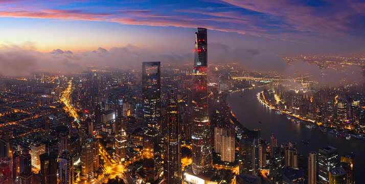 high angle view of illuminated buildings at night,Shanghai