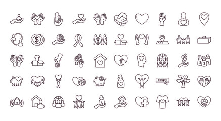 Charity and donation line style 50 icon set vector design