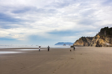 Family riding their bicycles along a pacific coast beach with a dog under cloudy skies