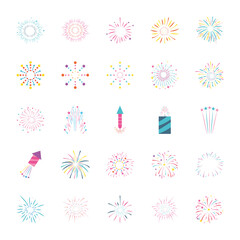 icon set of round burst of fireworks, flat style