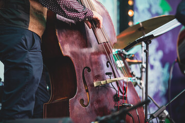 Concert view of a contrabass violoncello player with vocalist and musical during jazz orchestra...
