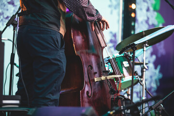 Concert view of a contrabass violoncello player with vocalist and musical during jazz orchestra...