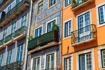 Typical Portuguese architecture and colorful buildings of Lisbon historic city center